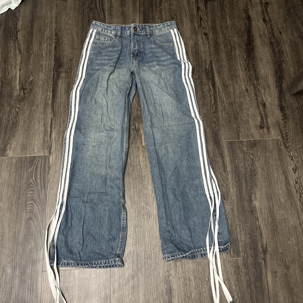 Telepatía Women's Blue Jeans White Side Stripe Straight Leg Size 5/27